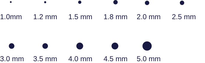 1.0mm|1.2mm|1.5mm|1.8mm|2.0mm|2.5mm|3.0mm|3.5mm|4.0mm|4.5mm|5.0mm